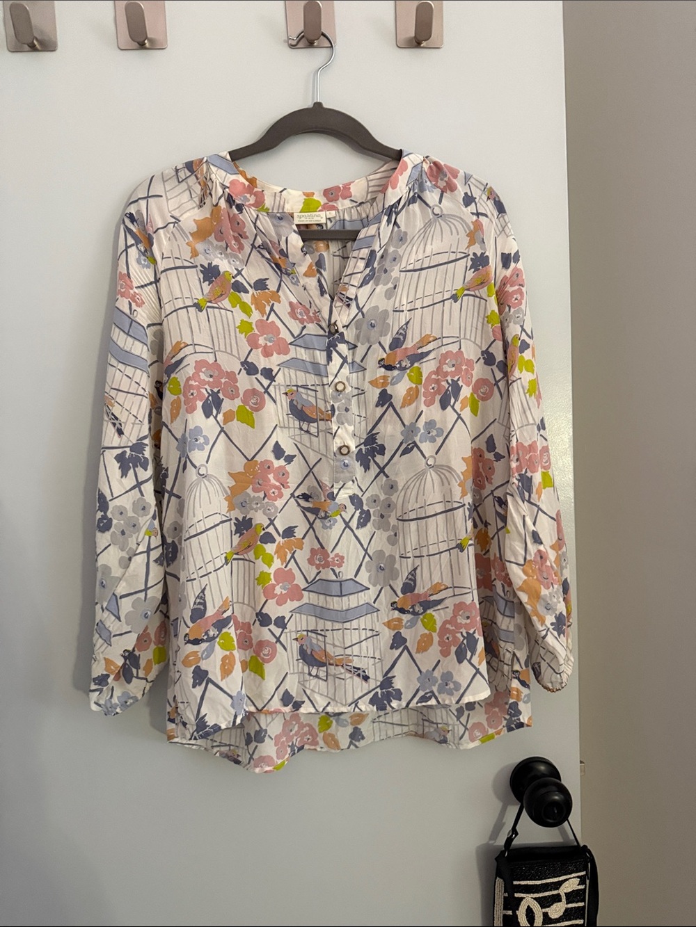 Spartina 449 White Blouse with Pink, Blue and Yellow Floral Birdcage Print